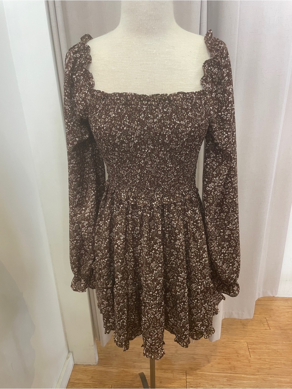 Smocked Square-Neck Long-Sleeve Brown Floral Mini Dress